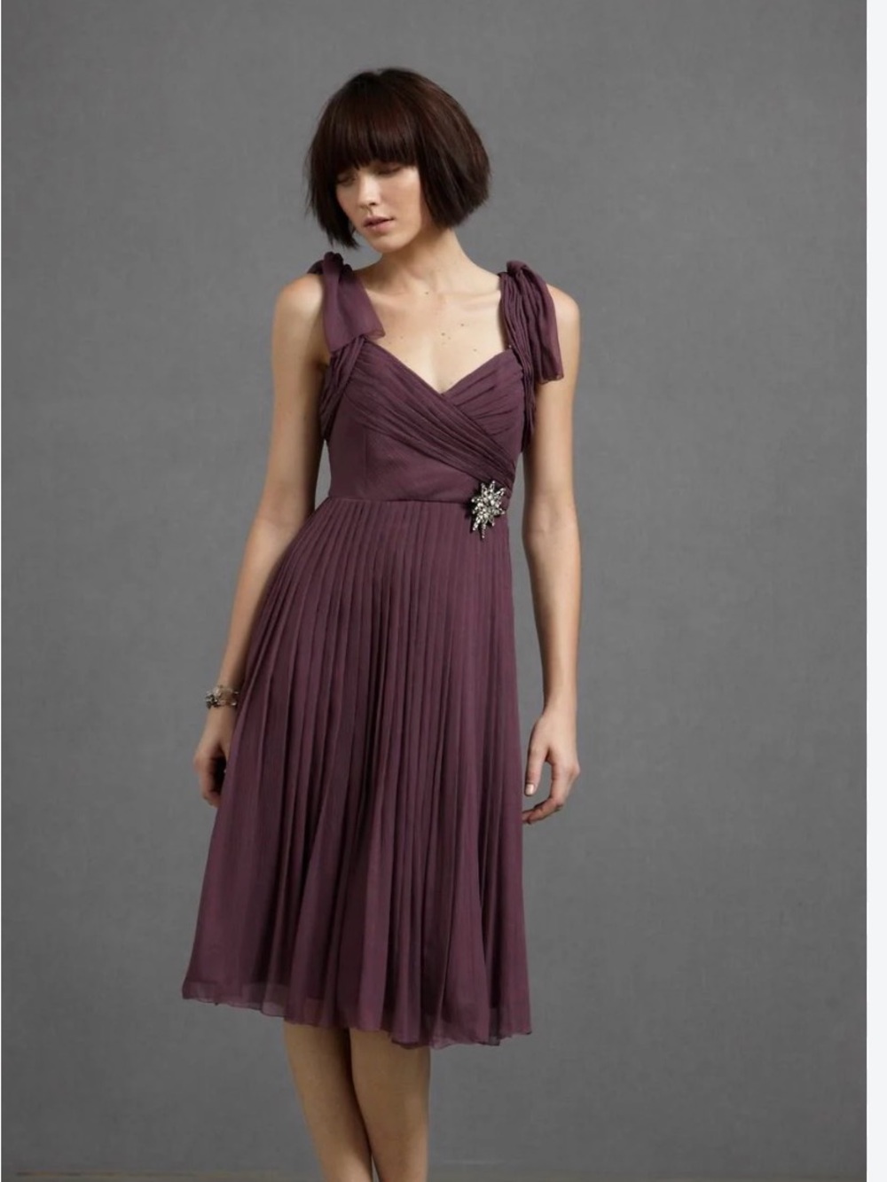 Anthropologie Plum Pleated Midi Dress with Shoulder Ties